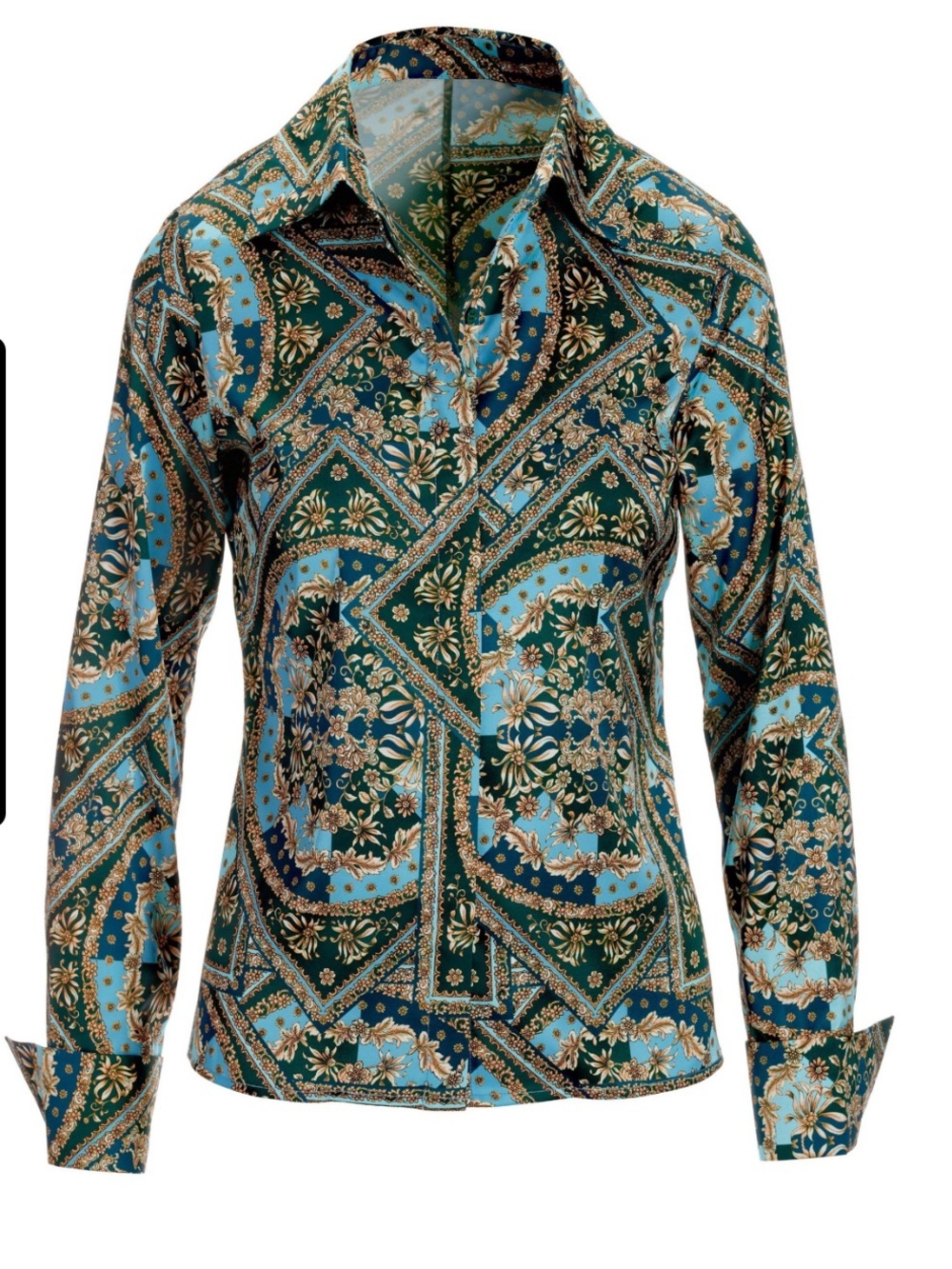 Boston Proper Classic Patchwork Print Sophia Button Up Charmeuse Blouse Size 12 - Picture 3 of 11